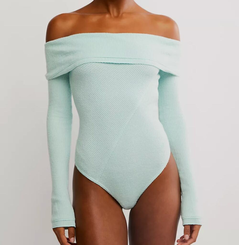 NWT Intimately Free People Women's Waffle Off Shoulder Bodysuit Harbor Gray SZ L